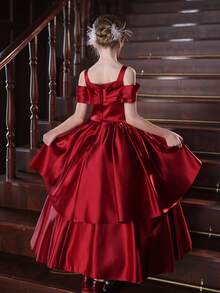 青少年女孩长款露肩酒红色连衣裙，适合儿童生日派对、婚礼、新年、圣诞节、节日场合、花童礼服、舞会、派对 - 酒紅色 - 查看 9