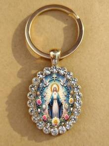 1pc Elegant Painted Virgin Mary Oval Glass Keychain, Romantic For Mother's Day Halloween Accessories Teachers Day Christmas Gift Ideas Bag Accessories Lanyards With Id Holder Car Accessories Bag Charms