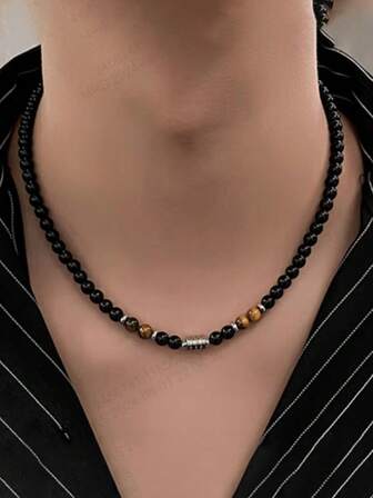 Herr Hiphop Punk Halsband 6mm Tigeröga & Svarta Turmalinpärlor Bönehalsband Meditation Rosenkrans Presentsmycken För Män