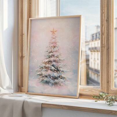 1 件复古粉色雪圣诞树冬季帆布艺术印刷品 | 粉色圣诞树雪冬松装饰画、海报、墙壁艺术、房间装饰用品、装饰墙壁艺术、装饰画。