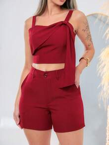 conjunto de cropped com shortes  elegante de tecido novo  C3171 - Vinho - Visão 7