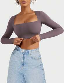YEOREO Women's Square Neck Crop Top Workout Tops Long Sleeve Shirts Cropped T Shirts Women Cute Top - Deep Purple - View 2