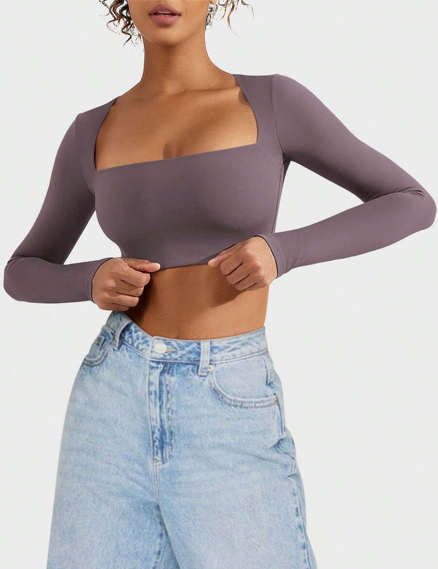 YEOREO Women's Square Neck Crop Top Workout Tops Long Sleeve Shirts Cropped T Shirts Women Cute Top