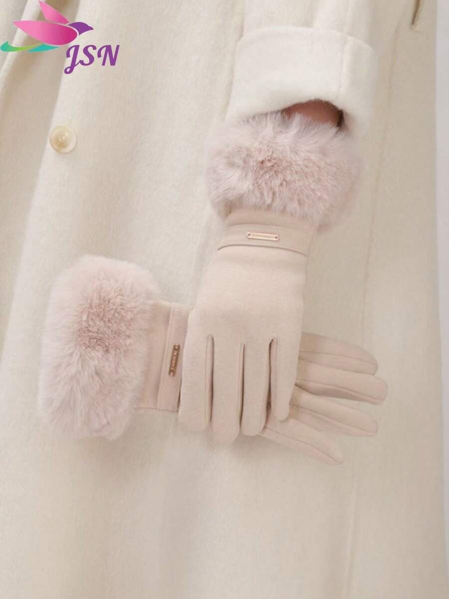 1 Pair Solid Color Elegant Casual Polyester Touchscreen Full Finger Gloves, Warm, Fashion, Suitable For Daily Wear, Cycling, Students, Plush Cuff, Women, Autumn/Winter