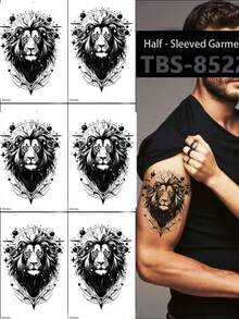 5pcs Black & White Waterproof Anti-Sweat Totem Lion Tiger Temporary Tattoo Stickers, Half Arm Tattoo Decals For Men
