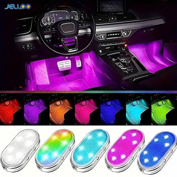 JELLOO Colorful Touch LED Light For Car, 7-Color Hook And Loop Car Mood Light With 6 Bright LED Beads, USB Rechargeable Car LED Night Light, Car Accessory