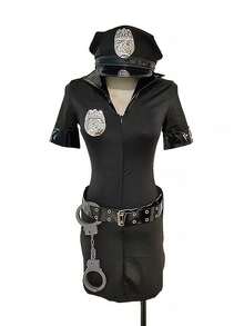 万圣节性感女式服装，黑色制服角色扮演套装，含手铐、帽子和徽章，派对礼服