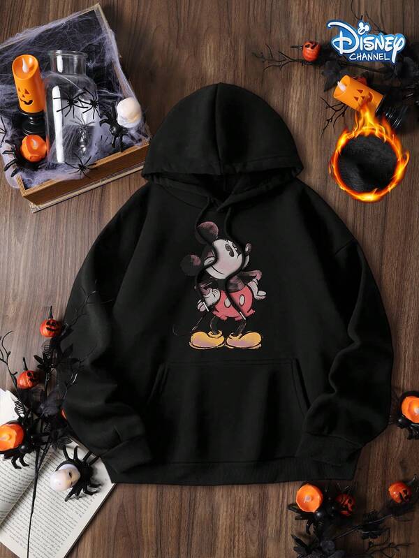 Disney EILL, Joint Autumn And Winter Thermal Lined "Retro Mickey" Graphic Print Distressed Black Japanese Sweatshirt, Korean Version Of Comfortable Retro Fashion Commuting Versatile Y2k Clothing Women's Clothing, With Hood And Pocket Design, Regular Niche Black Long-Sleeved Women's Hoodie Sweatshirt