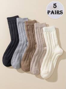 5 أزواج جوارب متوسطة الطول كاجوال نسيج مضلع للجنسين، مريحة وشاملة لجميع المواسم