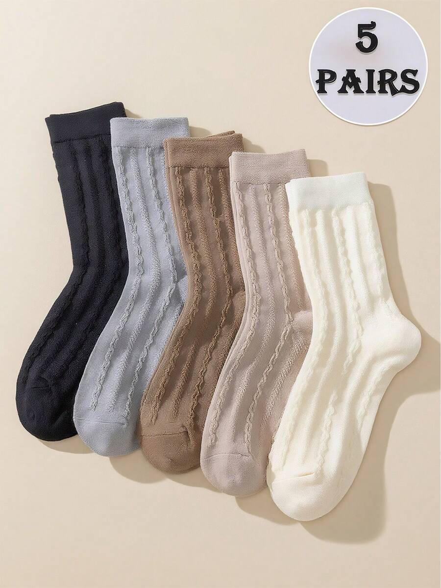 5 أزواج جوارب متوسطة الطول كاجوال نسيج مضلع للجنسين، مريحة وشاملة لجميع المواسم