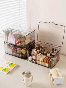 1 pieza Caja de almacenamiento transparente con tapa abatible, organizador de artículos de papelería de uso múltiple, caja de almacenamiento transparente multifuncional para escritorio con tapa abatible, caja de almacenamiento a prueba de polvo para cosméticos de escritorio, organizador de varios usos, almacenamiento de escritorio para el hogar/oficina, adecuado para el hogar, la escuela y la oficina, artículo esencial de oficina - transparente - Ver 5