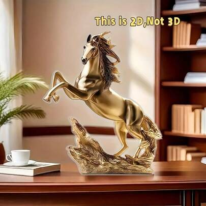 2D 平面，成功的金马雕塑，带有凸起的蹄子，亚克力材质家居装饰雕像，励志办公室雕像，配有椭圆形亚克力底座，新年或节日礼物