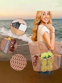 Mesh Beach Bag, Women's Shoulder Tote Bag, Large Capacity Foldable Mesh Swim Bag With Pocket, Bath Swimming Toiletries Storage Bag, Beach And Seaside Entertainment Storage Tote Bag - Multicolor - View 11