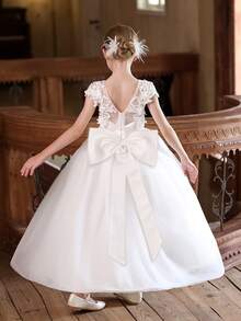 Vestido de niña para boda de tul blanco, vestido de niña de flores largo con bordado de encaje - Blanco - Ver 5