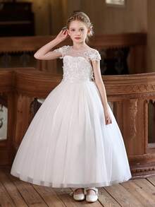 Vestido de niña para boda de tul blanco, vestido de niña de flores largo con bordado de encaje - Blanco - Ver 3