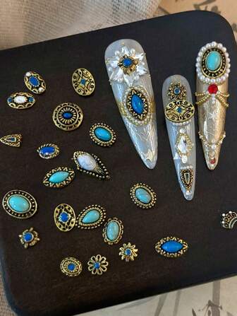 30PCS Western Nail Art Turquoise Nail Charms Jewelry Gems 3D Alloy Inlaid Turquoise Metal Edging Japanese Nail Stickers Suitable For DIY