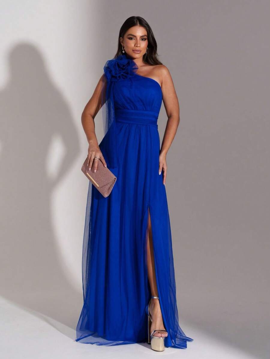 LONG WEDDING PARTY DRESS FOR GODMOTHER IN TULLE WITH FLOWER ON THE SHOULDER - ROYAL BLUE - View 1