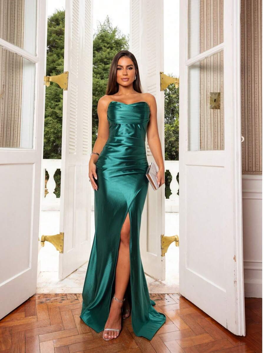 Strapless Dress For Parties, Formal Events, Dinner, Cocktail, Wedding Guest - Emerald Green - View 1