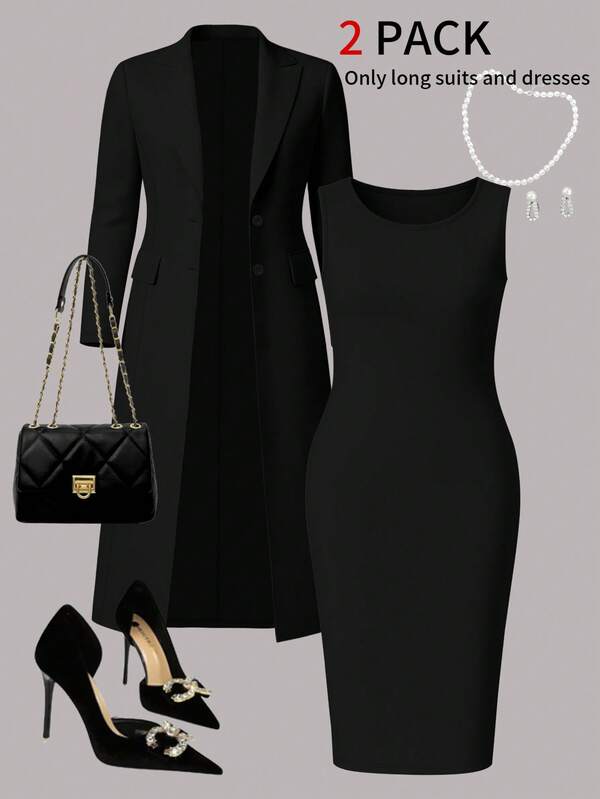 Plus Size Women Elegant 2-Piece Set, Solid Color Minimalist Versatile Long Blazer Cardigan + Bodycon Mid-Length Dress, Suitable For Daily Commute, Autumn/Winter