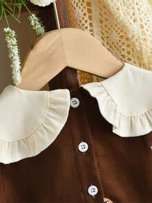 女婴秋季花朵刺绣长袖连衣裙时尚翻领幼儿服装（6个月至3岁） - 咖啡棕 - 查看 4