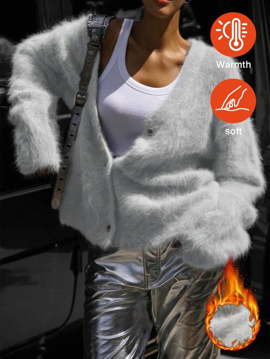 1 pieza Cárdigan de punto de unicolor de piel sintética de marta, adecuado para vacaciones y uso diario, otoño/invierno