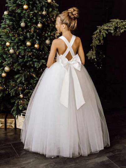Tween Girl Backless Bow V-Neck Solid Color Sleeveless Mesh Princess Dress, Elegant Princess Dress Suitable For Baby's Birthday Party, Flower Girl Wedding, Prom, Holiday Occasions