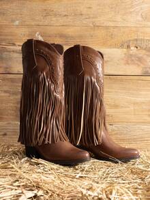 Women Cowgirl Western Boots Fringe Tassel Chunky Block Heels For Mid Calf Slip On Retro Casual Fashion Festival Ridding Shoes Brown Boots - 棕色 - 查看 1