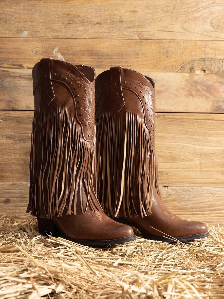 Women Cowgirl Western Boots Fringe Tassel Chunky Block Heels For Mid Calf Slip On Retro Casual Fashion Festival Ridding Shoes Brown Boots - 棕色 - 查看 1