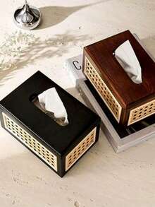 Wooden Tissue Box With Rattan Woven Tabletop, Wooden Tissue Paper Storage Box, Suitable For Living Room And Dining Room Tissue Box.