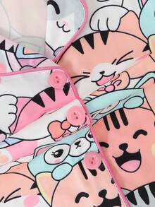 2件套少女休闲卡通猫咪印花翻领长袖衬衫和裤子睡衣套装，阻燃，四季皆宜 - 彩色 - 查看 6