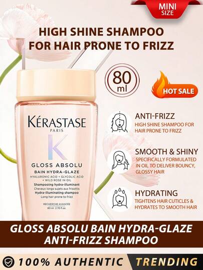 Kérastase Șampon anti-încrețire Kerastase [Mini] Gloss Absolu Bain Hydra-Glaze 80 ml / Șampon cu strălucire intensă pentru păr predispus la încrețire / Păr elastic, lucios și parfum fascinant, curăță delicat scalpul de acumularea persistentă și curăță părul pentru un finisaj strălucitor, întărește cuticulele și hidratează pentru un păr neted