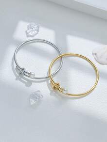 1pc Elegant Casual Faux Pearl Decor Stainless Steel Bangle Easily Matched Cuff Bracelet Classic Golden Or Silvery Jewelry Accessories For Women For Daily Wear