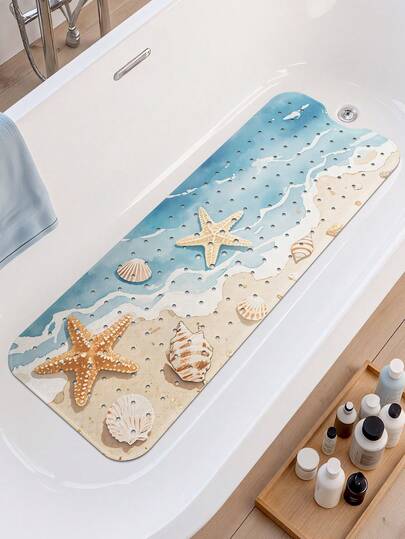 DAJIANG 1pc Ocean Element Anti-Slip Bathtub Mat With Drainage Holes And Suction Cups, Soft Massage Bath Mat, Home Bathroom Shower Rug, Bathroom Accessories And Decor