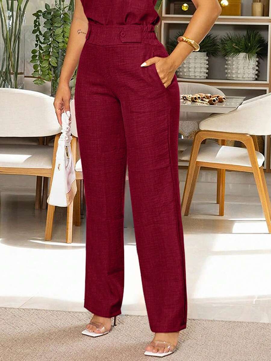 Women's Fashion Casual Elegant Pants With Slant Pockets And Button Details, Suitable For Commuting - Deep Red - View 1