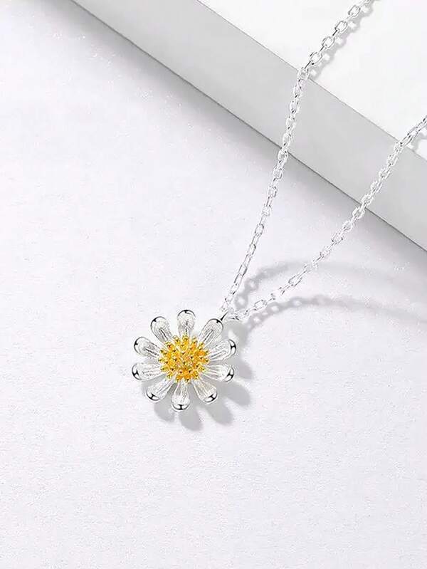 Collier pendentif marguerite en argent sterling 925 élégant - Hypoallergénique, collier ras-du-cou floral simple et chic pour femmes, bijou de fleur vintage pour un port quotidien, printemps/été, mariages, plages, Thanksgiving, Halloween, Noël, Saint-Valentin, accessoire/cadeau de remise de diplôme