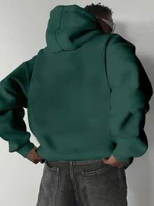 Men's Solid Color Drop Shoulder Long Sleeve Drawstring Pocket Casual Hoodie, Autumn/Winter, Back To School Season - Green - View 6