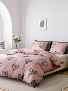 2/3pcs Soft 100% Polyester Pink Heart Print Pillowcase And Duvet Cover Set (1/2 Pillowcase + 1 Duvet Cover), No Filler, Perfect Decoration For Bedroom, Hotel - Pink - View 6