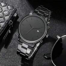 4pcs/Set Black Cross Chain Bracelet, Ring, Men's Business Formal Watch Jewelry Set, Ideal Gift (Only The Black Single Watch Will Be Delivered, The 3 Piecesaccessory Set Does Not Include The Watch)