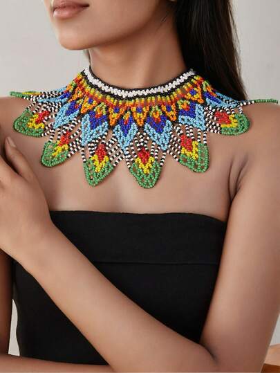 1pc Handmade Beaded Bib Necklace, Bohemian Style Fake Collar Necklace For Women