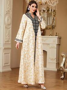 女士提花刺绣阿巴亚长袍，女士现代优雅奢华迪拜摩洛哥迪拜长袍，穆斯林阿巴亚连衣裙 - 杏色 - 查看 3