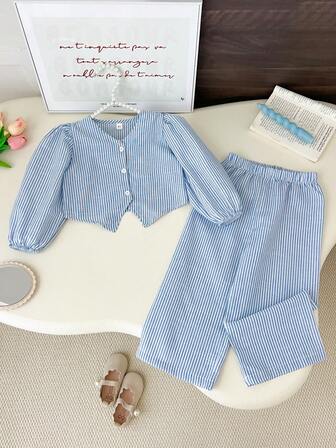 Humor Bear 2pcs Girls Casual Striped Puff Sleeve Cardigan And Wide Leg Pants Set, Autumn