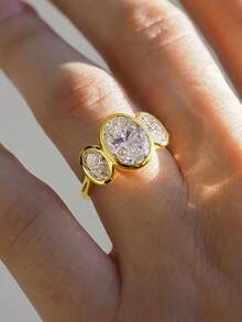 1pc Minimalist Goose Egg Cubic Zirconia 18K Gold Plated Retro Style Fashion Ring For Women - 金色 - 查看 3