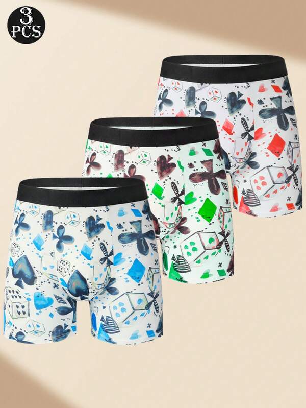 3 pezzi Biancheria intima da uomo stampata, boxer a vita media comodi con colori a contrasto