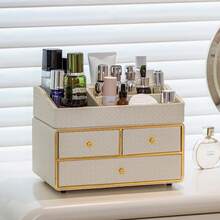 1pc Multi-Drawer Makeup Storage Box, Desktop Organizer, Woven Jewelry Box, Compartmentalized Cosmetic Storage, Large Capacity Makeup Display Rack, Leather Woven Texture Storage Container, Handmade Skincare Bottle & Jar Holder, Suitable For Home Organization, Entryway, Living Room, Bedroom, Vanity