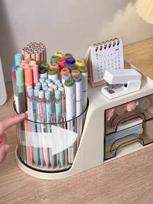 1pc Pen Storage Box, 360 Rotating Desktop Pen Container, Multifunctional Desktop Organizer, Bathroom Rack, Transparent Drawer Student Pen Rack Storage Box, Desktop Display Box, Dormitory Storage, Stationery Storage, Back-To-School Supplies. - White - View 3