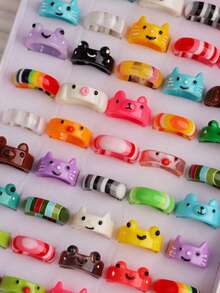 10/20/30个可爱卡通动物树脂戒指，青蛙、小猫、小鸡，条纹图案，日常佩戴，节日礼物配饰 - 動物樹脂戒指混 - 查看 5