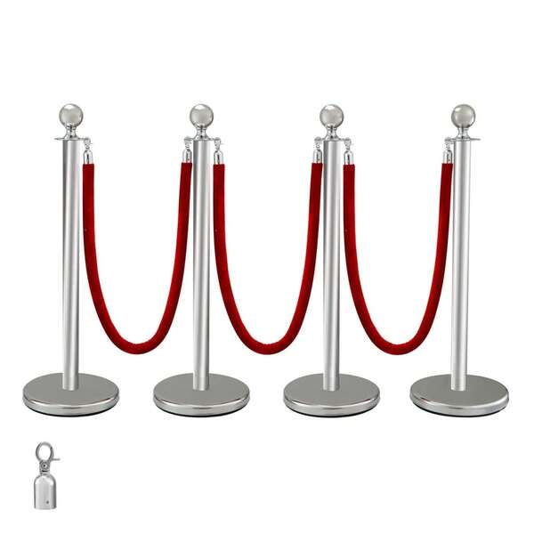 Ensemble de 4 poteaux argentés avec 3 cordes en peluche rouge de 1,5 m – base creuse remplie de sable | Barrières de sécurité pour fêtes, mariages et tapis rouges