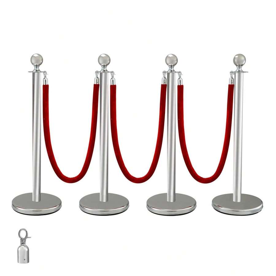 4-Piece Silver Pole Set With 3*1.5m Red Plush Cords – Hollow Base With Sand Filling | Crowd Control Barriers For Parties, Weddings & Red Carpets - 銀色 - 查看 1