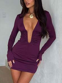 Deep V Neck Long Sleeve Mini Dress Women Autumn Winter Fashion High Waist Ruched Club Party Dresses Female 2025 - Màu tím - Xem 3