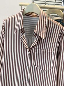 Plus Size Women's Casual Basic Striped Pointed Collar Long Sleeve Shirt Blouse With Button Pockets, Suitable For Daily Office Wear, Autumn/Winter/Spring - Coffee Brown - View 4